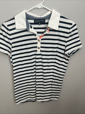 Jones New York Black and White Striped Polo Shirt